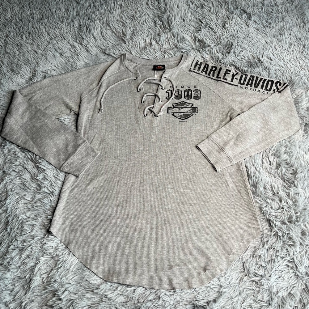 Harley Davidson Shirt Womens Small Thermal Lace Up Sleeve Henley Gray MO